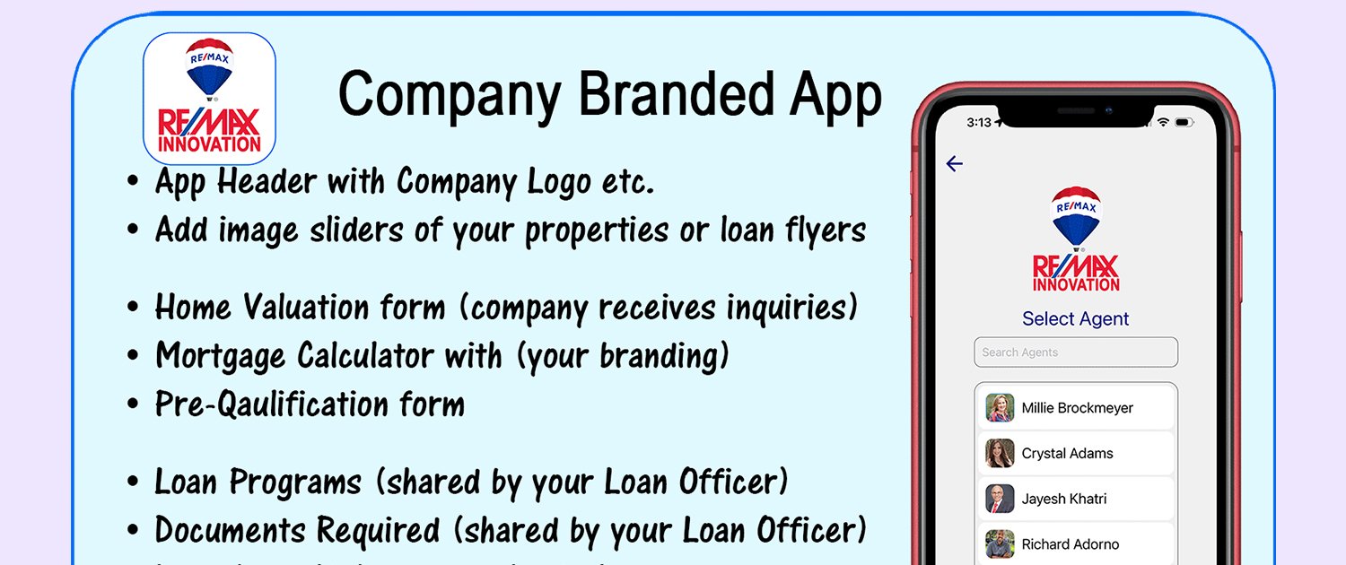 Office Company Branded App, Remax Innovation Orlando App, Full featured app for the office, Top App for Real Estate Office and Mortgage Lender Office.